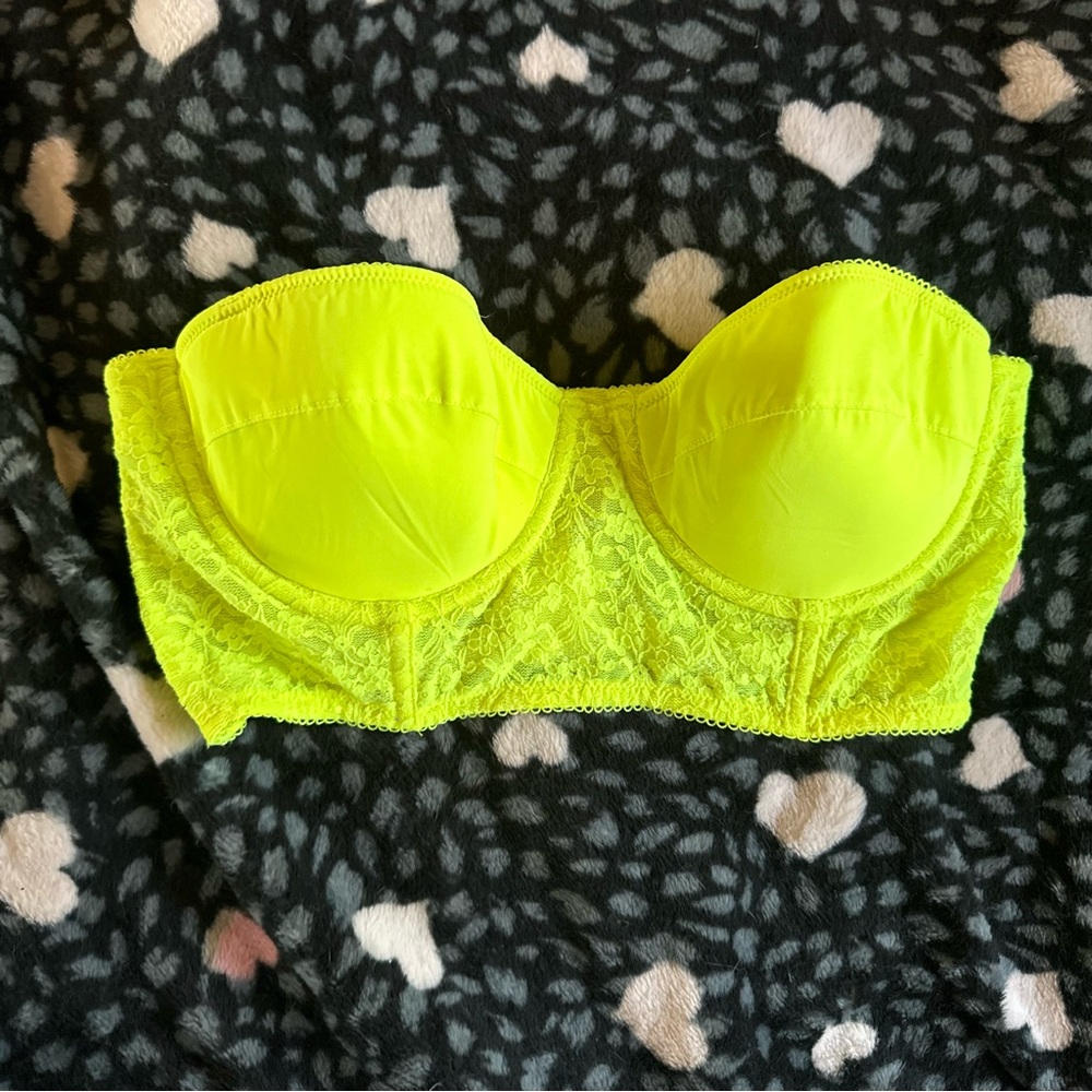 lace detailed neon yellow greenish yellowish bustier strapless crop top / bra